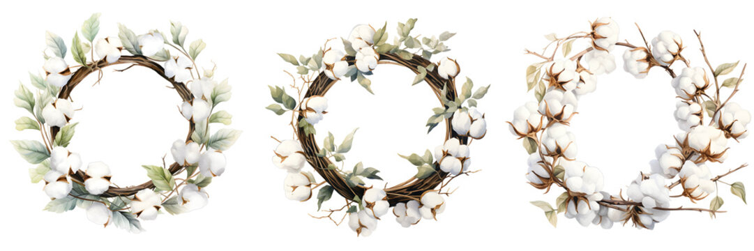 Three cotton wreaths with foliage on a black background for decoration