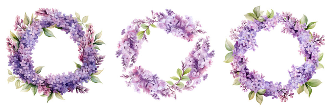 Three watercolor floral wreaths of lilac flowers with black background add a touch of elegance