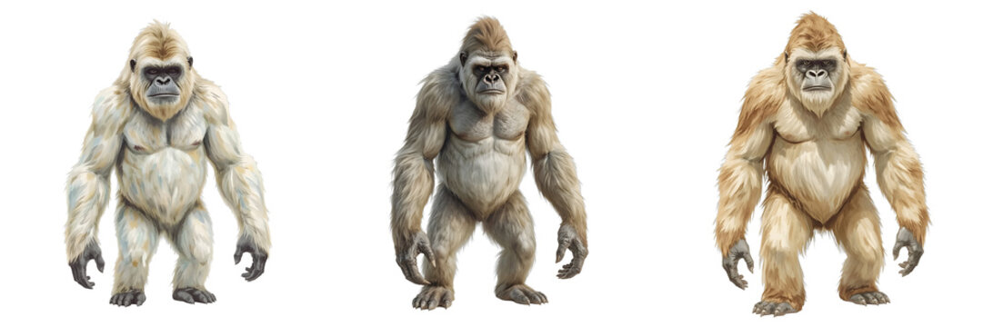 Different colored gorillas stand facing forward on a black background