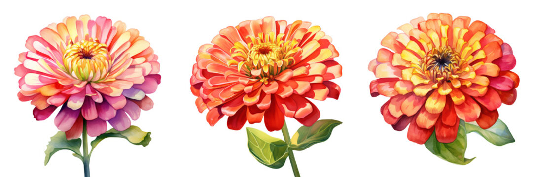 Watercolor zinnia flowers in full bloom showcase intricate details on a black background