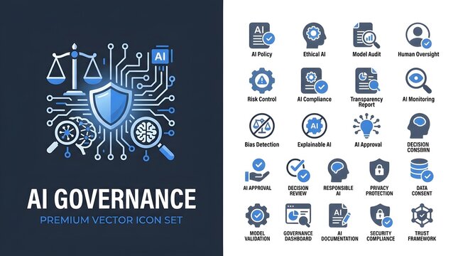 AI governance icons represent ethical artificial intelligence framework standards with compliance monitoring and regulatory oversight for secure machine learning.