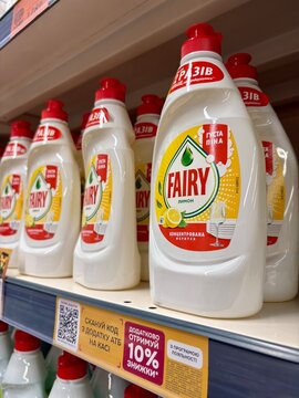 02.08.2026 Ukraine Kharkov Fairy Dishwashing Liquid Bottles on Supermarket Shelf
