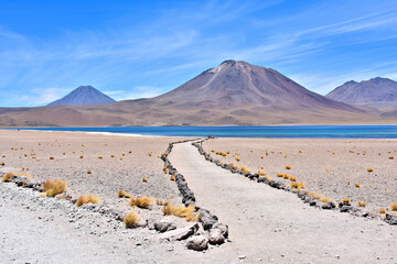 Trail to Laguna Miscanti  - brackish water lake located in the altiplano of the Antofagasta Region in northern Chile. Cerro Miniques volcano and Cerro Miscanti tower over the lake. © Gennady