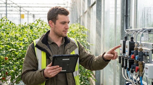 Young agricultural specialist using digital tablet to control smart systems in greenhouse