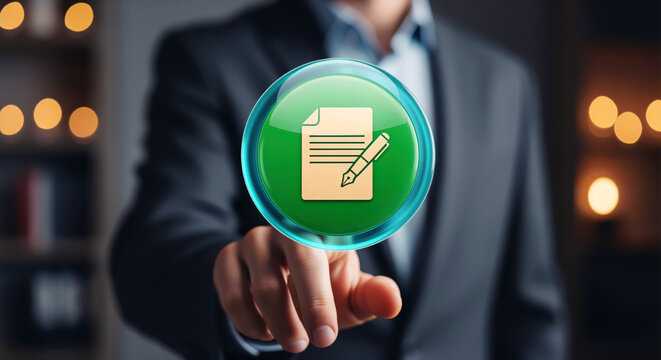 Signature document icon with a fountain pen on lined paper, signing emblem sealing agreements, closed deals and formal consent made for legal service stories and notary publications
