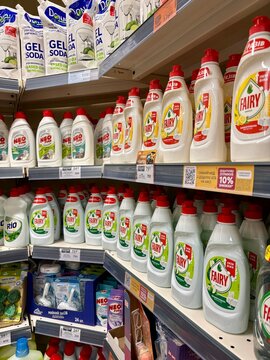 02.08.2026 Ukraine Kharkov Dishwashing Liquids and Household Cleaning Products on Supermarket Shelves
