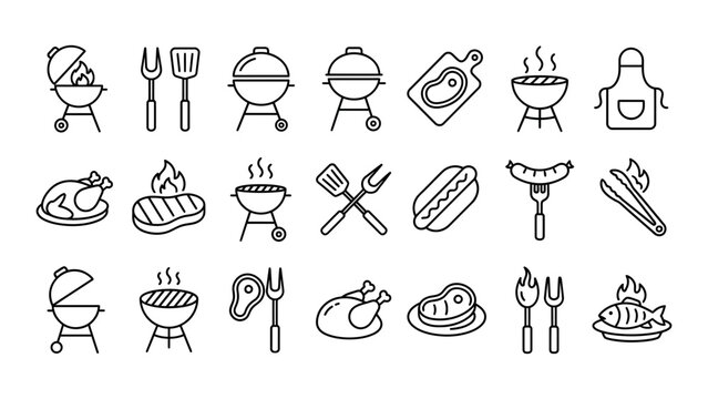 Collection of grill icons for barbecue and outdoor cooking.