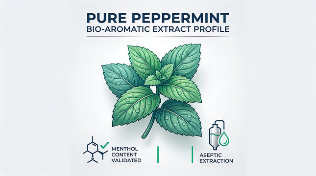 Pure peppermint bio aromatic extract profile 3D illustration with fresh mint leaves, menthol molecule icon and aseptic extraction badge