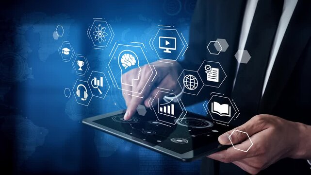 Business professional interacting with innovative technology on tablet showcasing digital icons for education, data, communication, and analytics in modern workspace Gluon.