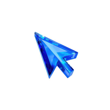 Glossy blue glass computer mouse cursor arrow isolated on black background, for digital interface isolated on a transparent background