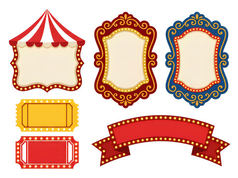 Set of vintage circus and carnival frames, tickets, and banners with glowing light bulbs, vector illustration isolated on white background