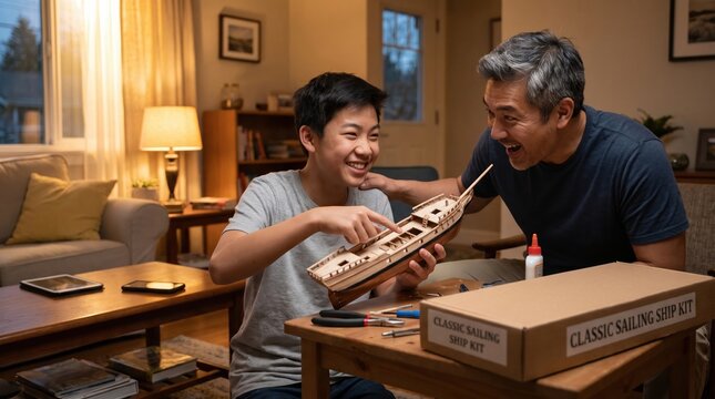 Asian father and teenage son building wooden model sailing ship in cozy living room. They smile and bond over a shared hobby, creating a happy mood. Ideal for family and parenting content.