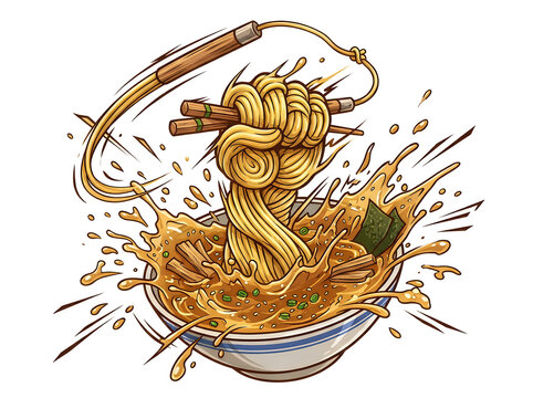 Ramen noodle fist illustration, dynamic splash of Japanese soup bowl, martial arts food art with nunchucks and chopsticks