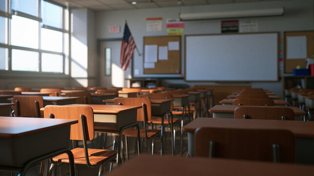 Empty American Classroom with Wooden Desks and Sunlight