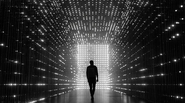 Silhouette Walking Through Futuristic Digital Light Tunnel