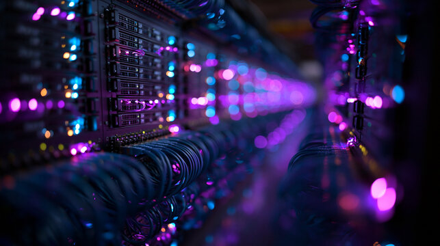 Server Racks with Glowing Lights in Modern Data Center