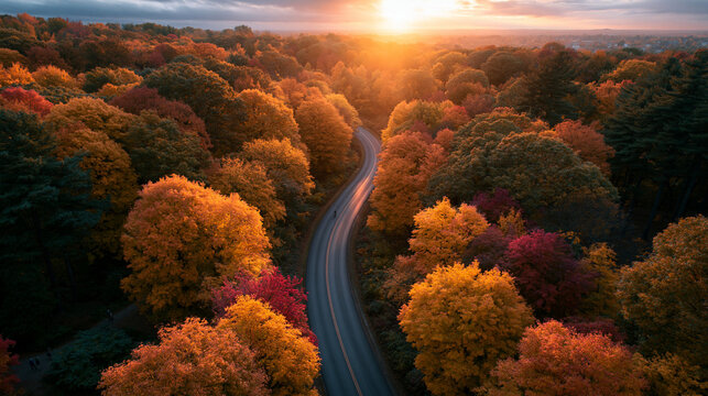Winding Road Through Autumn Forest Aerial View at Sunset