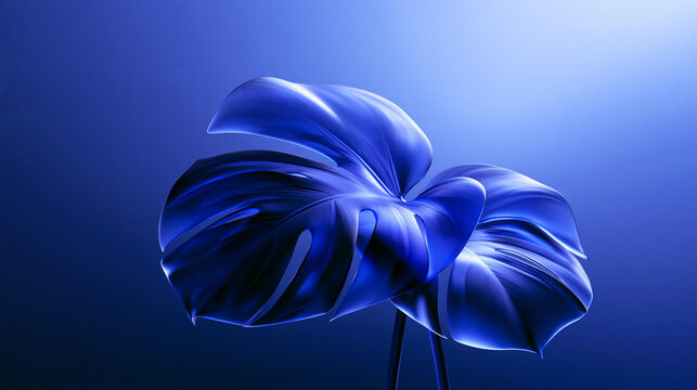 Futuristic Blue Monstera Leaves with Glowing Neon Light
