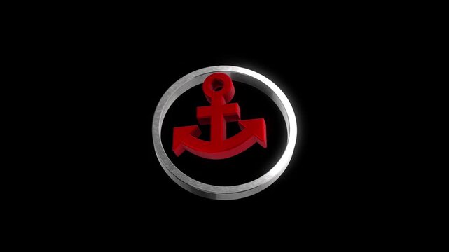 Red anchor icon rotating inside chrome ring on black background animation.