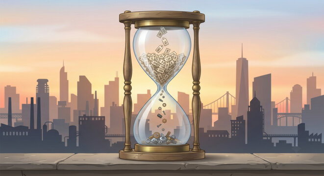 Hourglass skyline; sticky inflation persists as GDP stagnation drags; real wages and savings shrink.