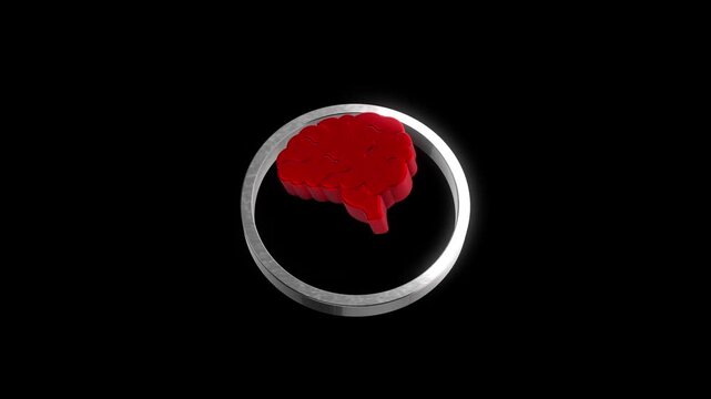 Red brain model spinning inside metallic silver ring on black background as concept for neuroscience.