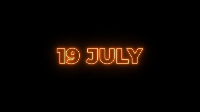 Glowing neon 19 July date text animation on black background. Flickering Neon July 19 Calendar Date Animation. suitable for event promotion, reminders, or important announcements.4k motion graphics