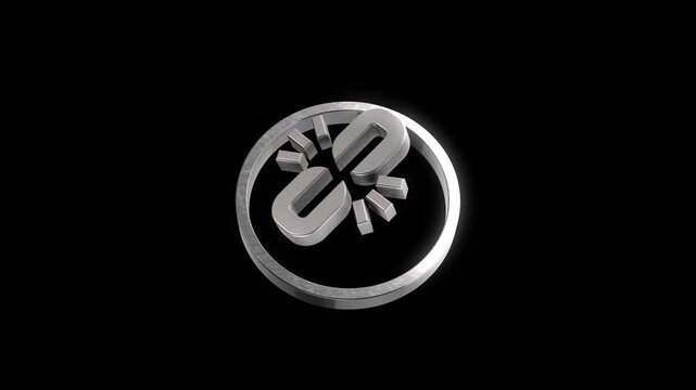 Metallic broken link icon rotating in circle against black background for cyber security and error concepts.