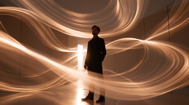 Businessman Standing Surrounded by Dynamic Glowing Light Trails