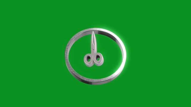 Rotating silver scissors icon inside circle isolated on green screen background.