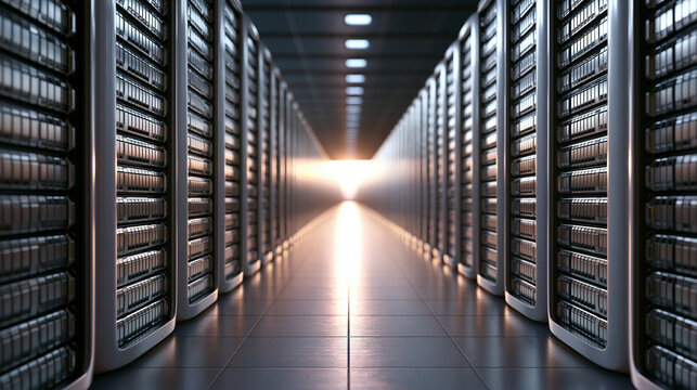 Modern Data Center Server Room Corridor with Server Racks