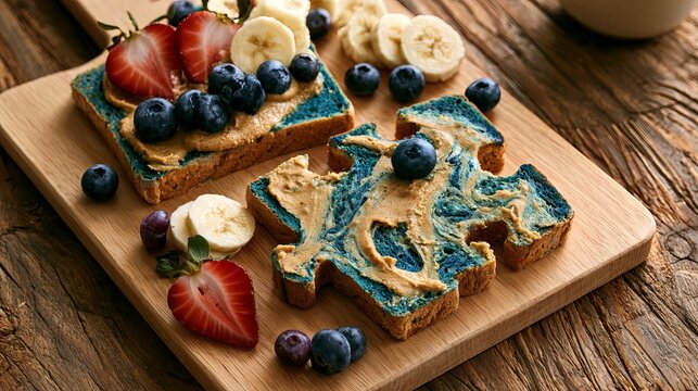 Blue spirulina bread toast with peanut butter, strawberries, banana slices, and fresh blueberries on a wooden board