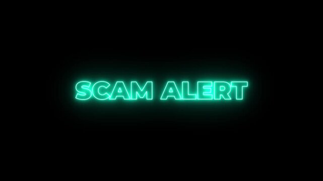 Animated glowing flickering neon inscription scam alert. neon scam alert text animation.4k motion graphics video