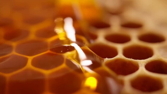Slow motion close up macro of honey dripping over honeycomb cells on tabletop in studio with warm lighting