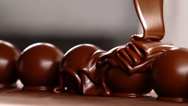 Slow motion close up tracking shot of chocolate sauce pouring over round truffles on wooden surface in studio