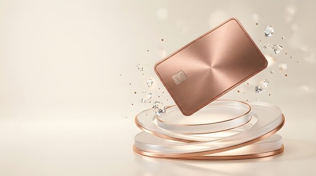 Premium Rose Gold Blank Credit Card on Glass Podium with Floating Diamonds 3D Rendering
