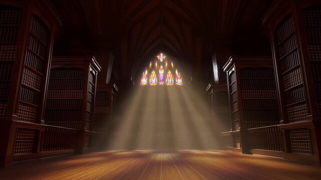 Slow dolly through empty historic library hall with stained glass window casting golden sun rays and dust motes on wooden floor
