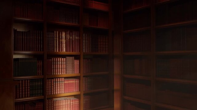 Panning shot of wooden bookshelves filled with antique leather bound volumes with drifting dust and warm light inside dim library interior