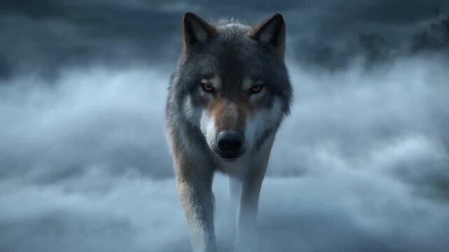 Tracking shot slow push in of gray wolf walking through low rolling fog across forest floor toward camera in misty dawn forest