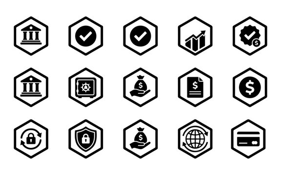 Set of black and white finance and banking icons featuring security shields and financial growth symbols
