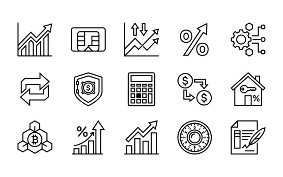 Set of outline icons representing finance and banking concepts for business financial analysis and digital money management