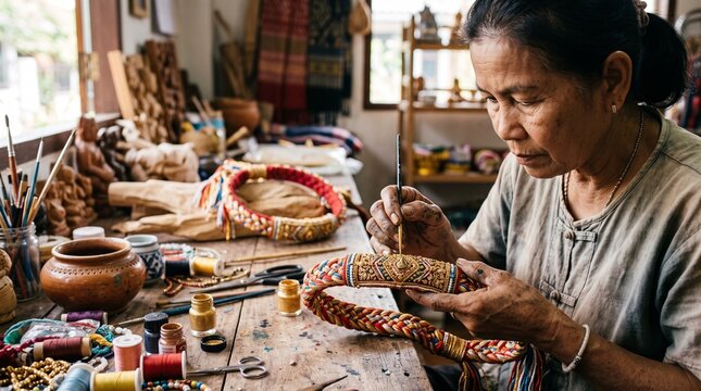 Female artisan meticulously painting traditional handcrafted textile patterns