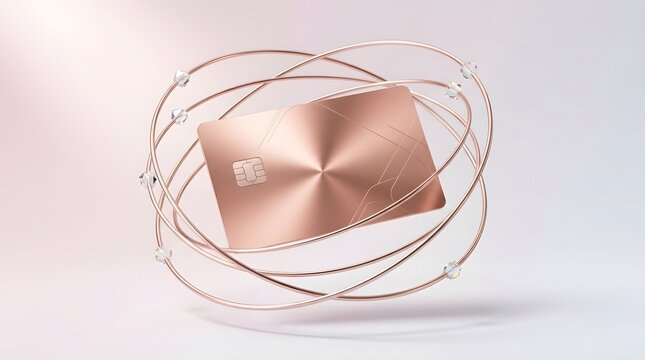 Premium Rose Gold Credit Card Floating with Orbiting Metallic Rings 3D Rendering