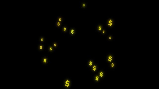 Dynamic golden dollar sign rotation on black screen background, 3D USD symbol falling and looping, vibrant wealth animation, 4k cinematic money particle transition, seamless loop.