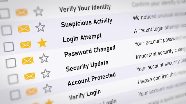 Cybersecurity email notifications scrolling with suspicious activity and password alerts