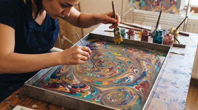 Person creating fluid marbled art in metal water tray with marbling, creative