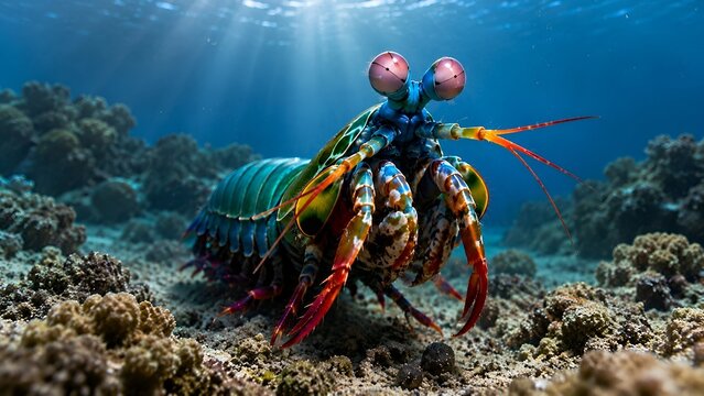 Colorful Mantis Shrimp Underwater on Coral Reef