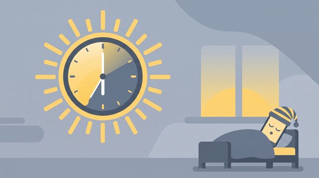 Smartphone character sleeping in a bed next to a sun-shaped clock at seven o'clock, representing morning routines and digital wellness concepts during sunrise.