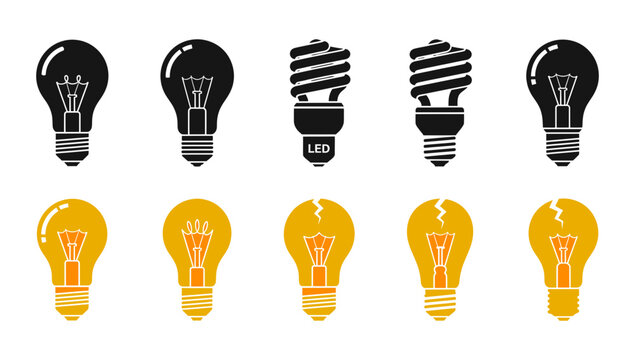 Set of various light bulb icons including incandescent and energy saving led lamps in black and yellow