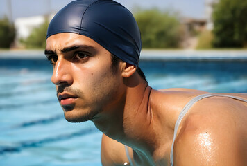 Fototapeta premium Young male swimmer wearing a dark blue swim cap in a swimming pool, focused and ready for competition