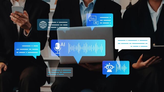 Business professionals engaging in digital conversation about artificial intelligence with chat bubbles and technology icons representing modern communication Gluon.